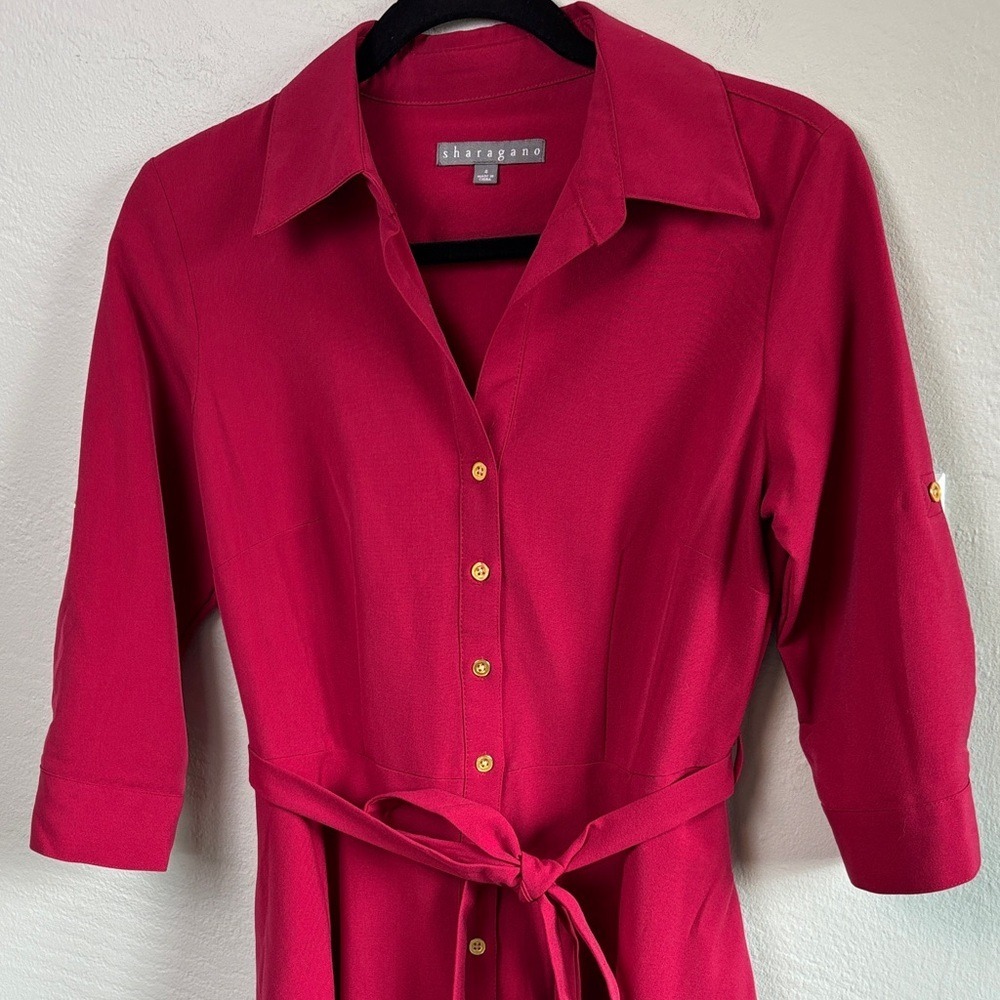 Sharagano Red Tie Waist Midi Dress with Gold Buttons size 4 - Picture 4 of 6